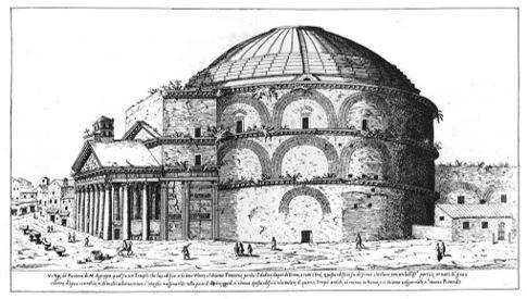 Pantheon, Roma, costruzione: 112-124 d.C. Immagine: L'esterno del Pantheon in un'incisione del XVI secolo di Étienne Dupérac