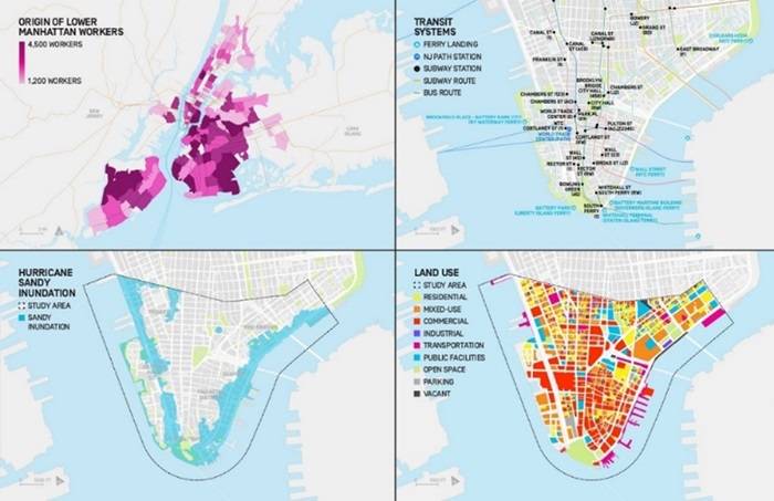 Mappe relative alla conoscenza del territorio: (dall’alto a sinistra e in senso orario) la provenienza delle persone che lavorano a Manhattan; il flusso dei movimenti; le zone inondate da Sandy; l’uso del suolo.