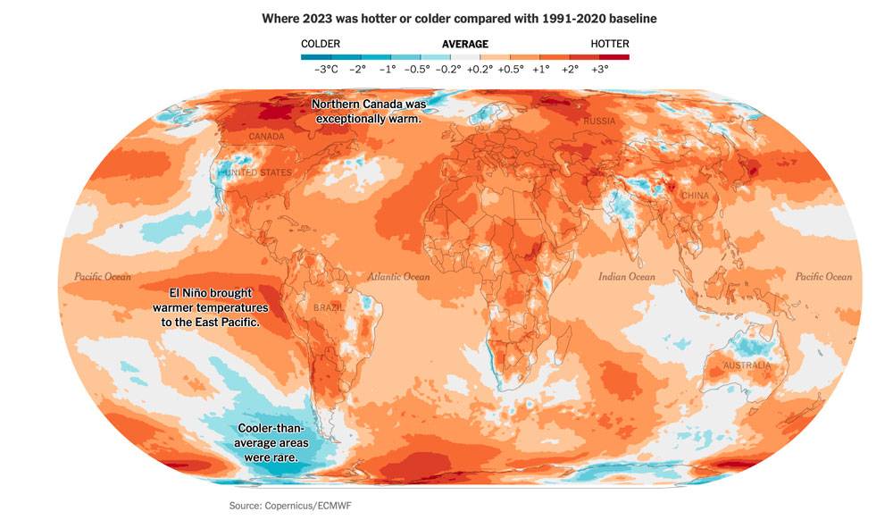 Aree dove il 2023 è stato più caldo o più freddo rispetto al valore di riferimento del periodo 1991-2020