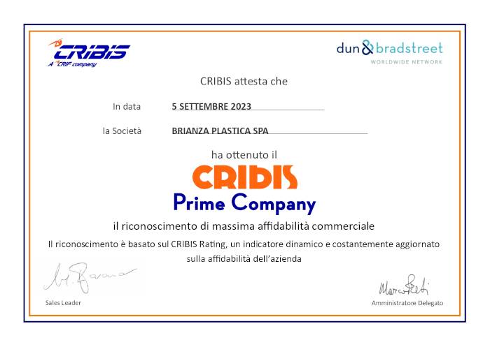 Riconoscimento Cribis Prime Company ottenuto da Brianza Plastica.
