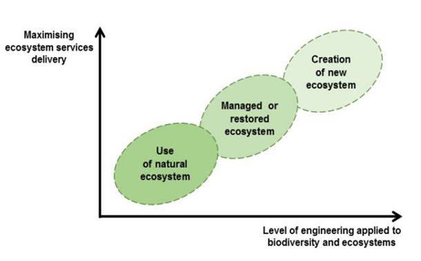Figura 3: classificazione delle NBS in base a livello ingegneristico richiesto e fornitura di servizi ecosistemici (fonte: Cohen-Shacham  et al 2016)