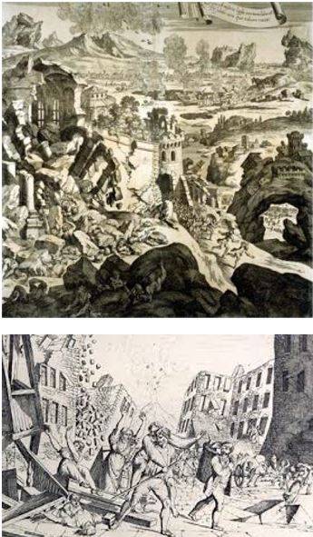Figura 2 – Antiche stampe che illustrano i danni causati dal terremoto della Val di Noto del 1693.
