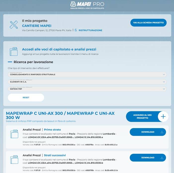 Mapei Structural Design: download diretto delle analisi prezzi in Excel.