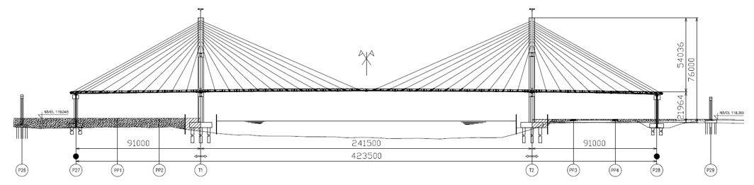 Fig. 1 – Vista laterale del ponte di Nanay con le dimensioni principali