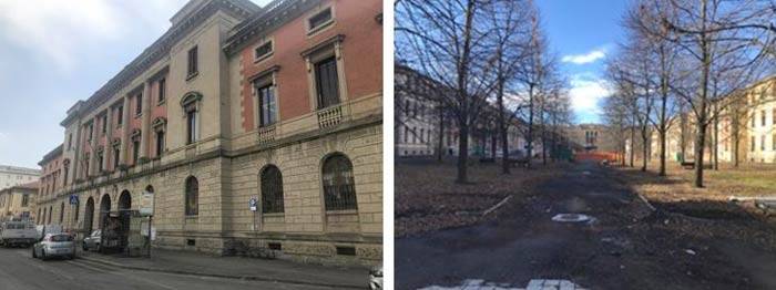 “Palazzina Rossa”, edificio di rappresentanza, è l’ingresso principale e immette nell’ampia area a giardino delimitata da una cortina edilizia continua disposta a forma di ferro di cavallo.  Gli edifici, caratterizzati da tre piani fuori terra, sono disposti uno accanto all’altro e costituiscono una facciata architettonicamente uniforme sui tre lati con affaccio comune.