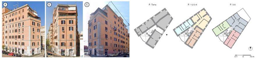 Figura 1 – Caso studio, prospetti dell’edificio e planimetrie dei piani fuori terra. Adattato da Corrado et al. (2019) .
