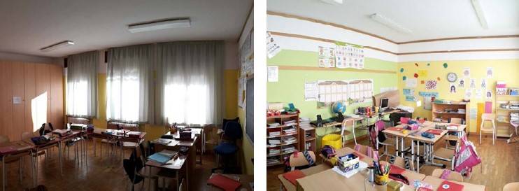 Le aule prima della riqualificazione edilizia: l’aula grande (a sinistra) e l’aula piccola (a destra).