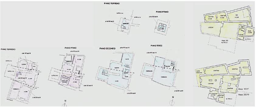 Piante di piano ottenute dalla mosaicatura delle planimetrie catastali