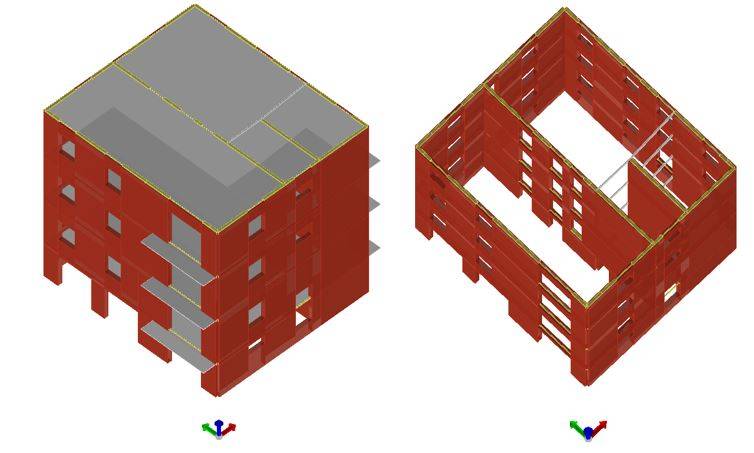 Vista 3D dell’edificio, con e senza solai (crediti: Progetto Sisma)