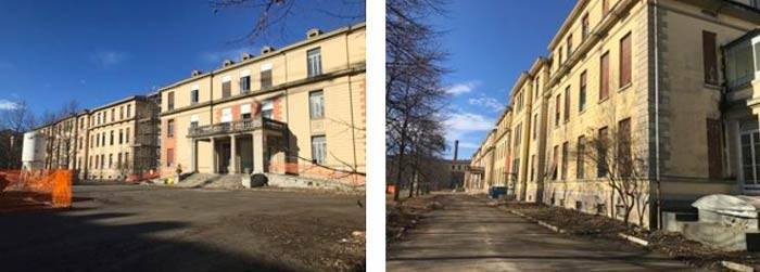 Ciascuno dei due prospetti interni dispone di un ingresso principale costituito da un portico con un terrazzo. La facciata continua è scandita orizzontalmente da una cornice in pietra che disegna la zoccolatura della parte più bassa, ampie finestre disposte in maniera regolare ed una seconda cornice in aggetto all’altezza dell’ultimo piano