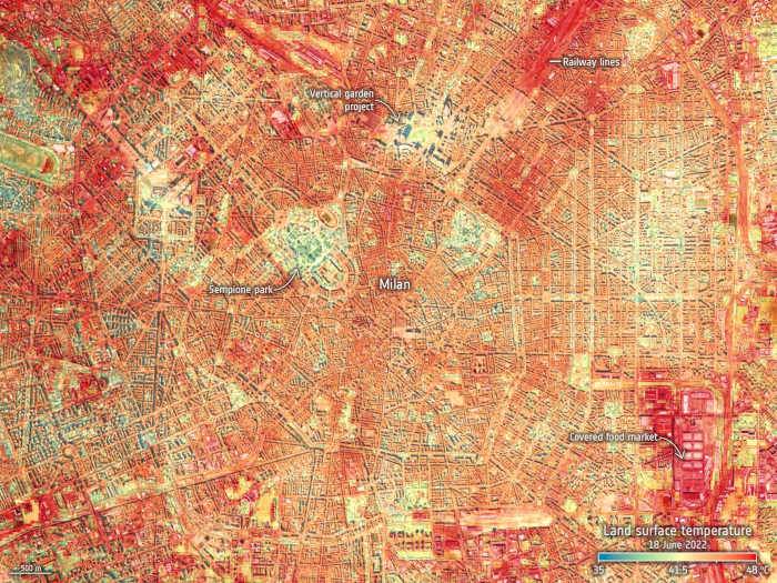 Isole di calore urbano: Temperatura superficiale a Milano il 18 giugno 2022.