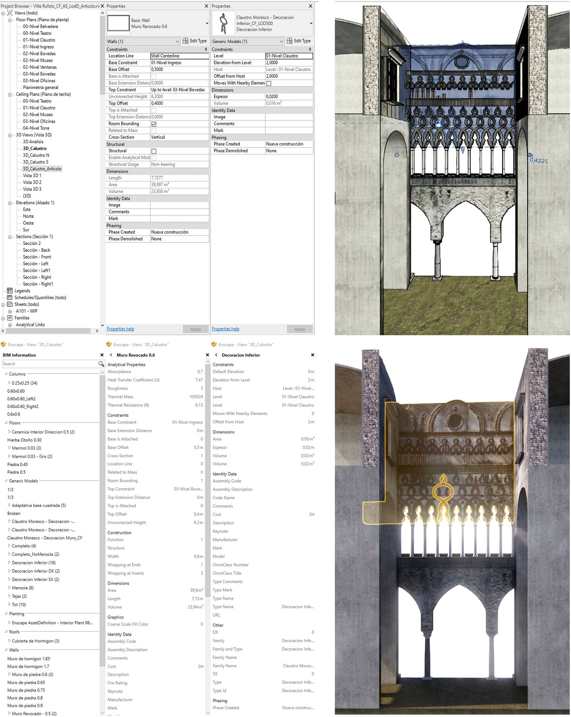 Contenuto informativo ispezionabile in ambiente BIM (Autodesk Revit – in alto) e tramite interfaccia per la visualizzazione in tempo reale (Chaos Enscape – in basso).