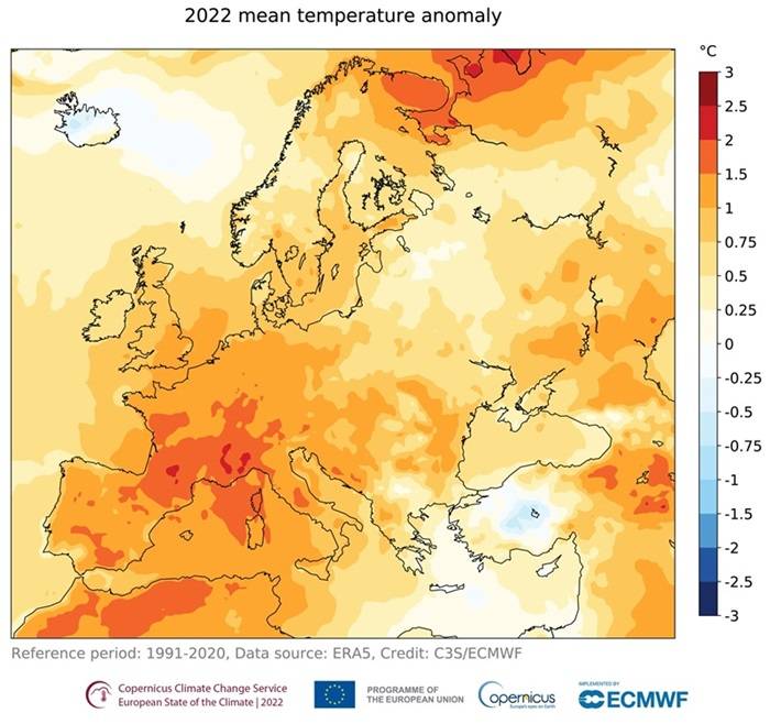 Temperature estreme misurate nell’anno 2022 in Europa rispetto al periodo 1991-2020.