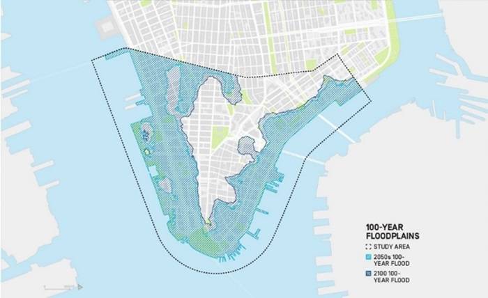 Le zone di Manhattan soggette a possibili inondazioni nel 2050 e 2100.