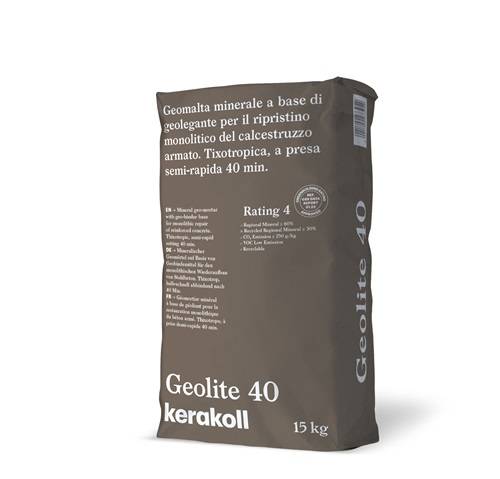 Geolite 40 Kerakoll, Geomalta minerale a base di geolegante per il ripristino monolitico del calcestruzzo armato. Tixotropica a presa semi-rapida 40 minuti.