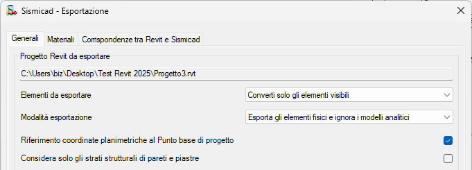 Opzione di controllo delle coordinate nell'Add-in di Revit per Sismicad