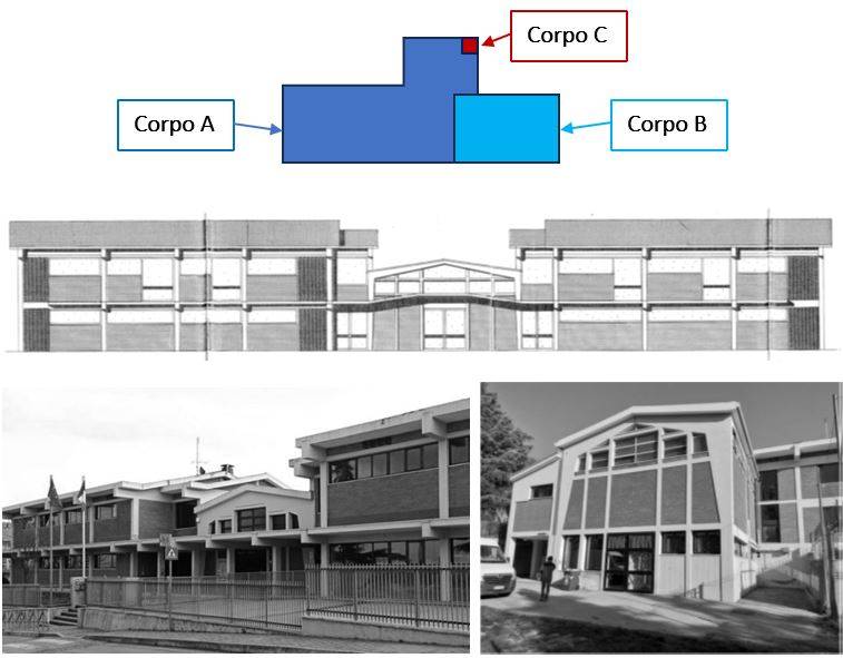 Schema compositivo e prospetto del progetto originale della scuola “Rosaspina” a Montescudo di Rimini.