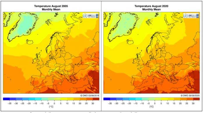 Confronto delle temperature medie in Europa nei mesi di Agosto 2005 e Agosto 2020