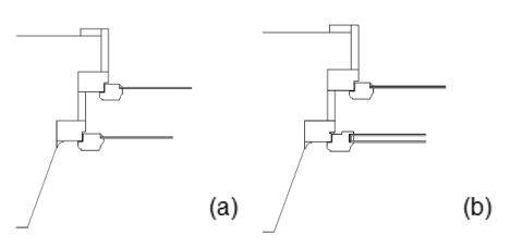Fig. 2: Sezione della finestra a cassonetto prima (a) e dopo (b) l'adeguamento.