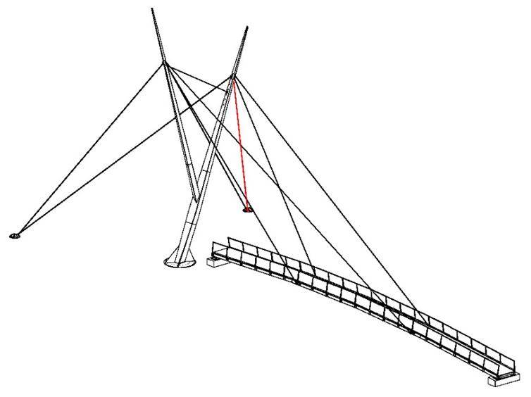 Figura 6 – Assonometria della struttura con indicazione (in rosso) del tirante aggiunto