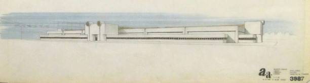 Vista prospettica, 2° progetto, maggio 1968 (Archivio CASVA, Archivio professionale Vittorio Gregotti: Architetti Associati-Gregotti Meneghetti, Stoppino, 1953 - 1969, tav. 3987, prospettiva del 2° progetto).