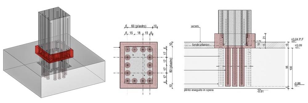 La sezione di attacco in fondazione (Sez. A-A) con malta e dai ferri di chiamata.