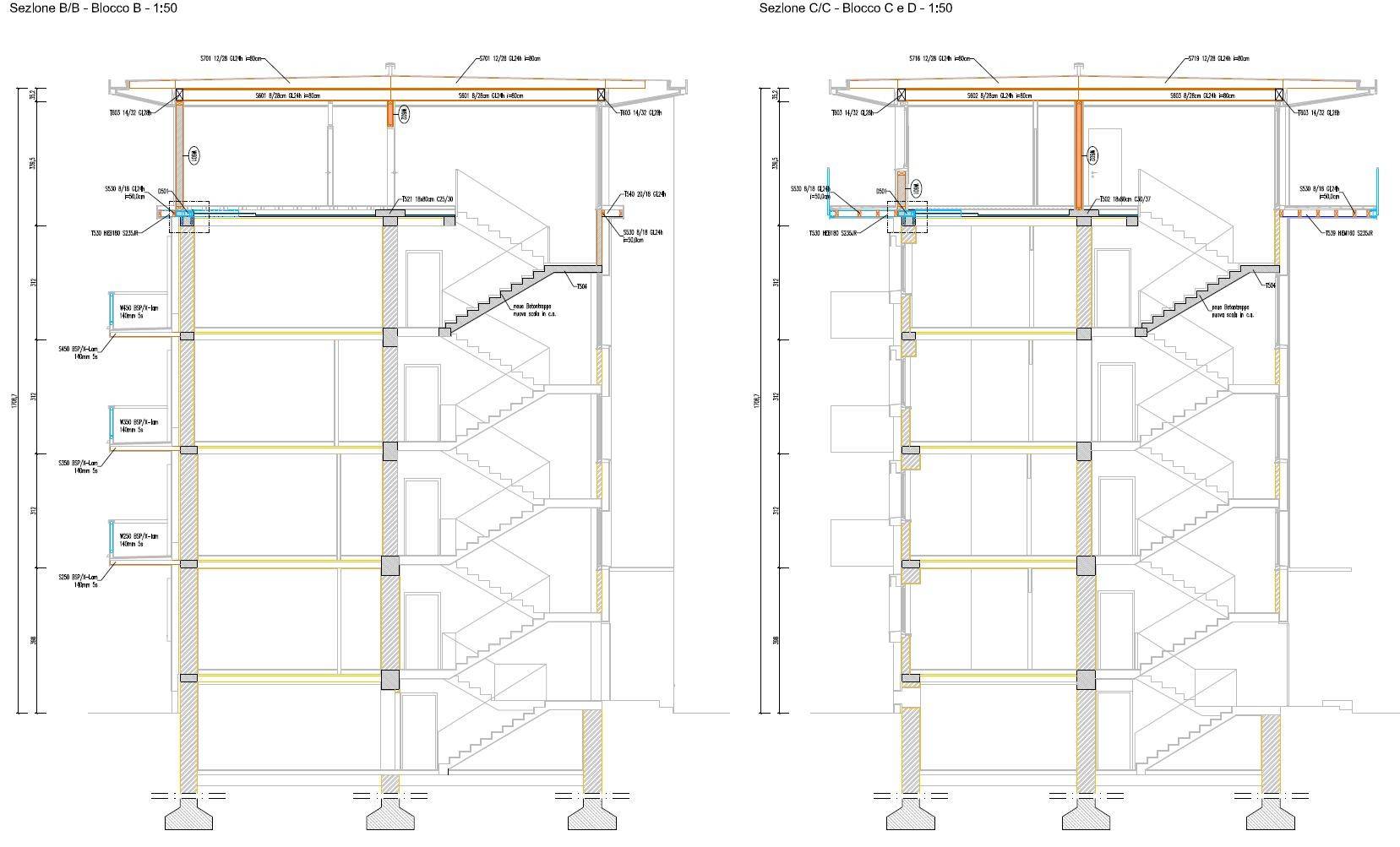 Sezioni strutturali dell'intervento, Scala 1 a 50, Concrete.