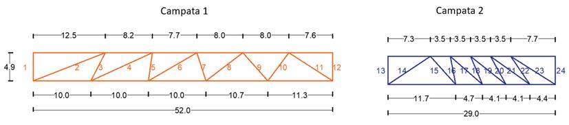 Elementi diagonali della campata 1 e della campata 2 (dimensioni in metri).