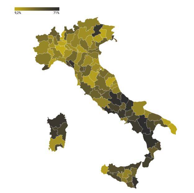 Fig. 1 – Perdite percentuali nelle reti idriche per ciascuna provincia