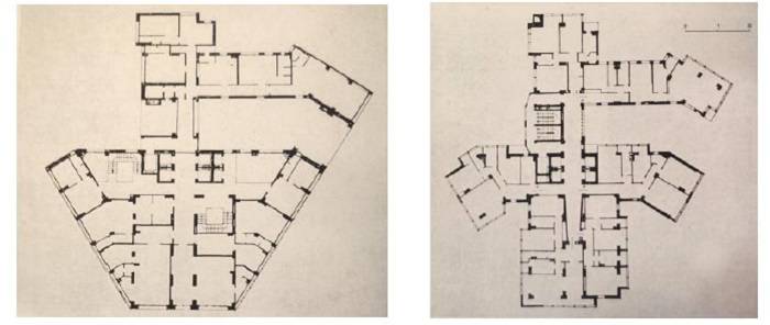 Pianta del 1° piano (a sinistra). Pianta dei piani compresi tra l’8° e l’11° (a destra) del grattacielo di Livorno