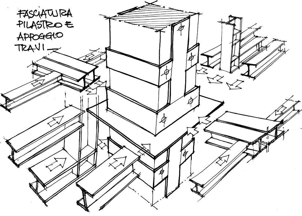 Figura 4 - Ideazione della fasciatura del pilastro e dell'appoggio delle travi dei nuovi solai.