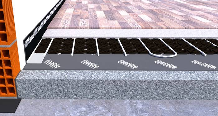 Stratigrafia del solaio e del pavimento a radiante con tappetino anticalpestio Isoltile Classic.