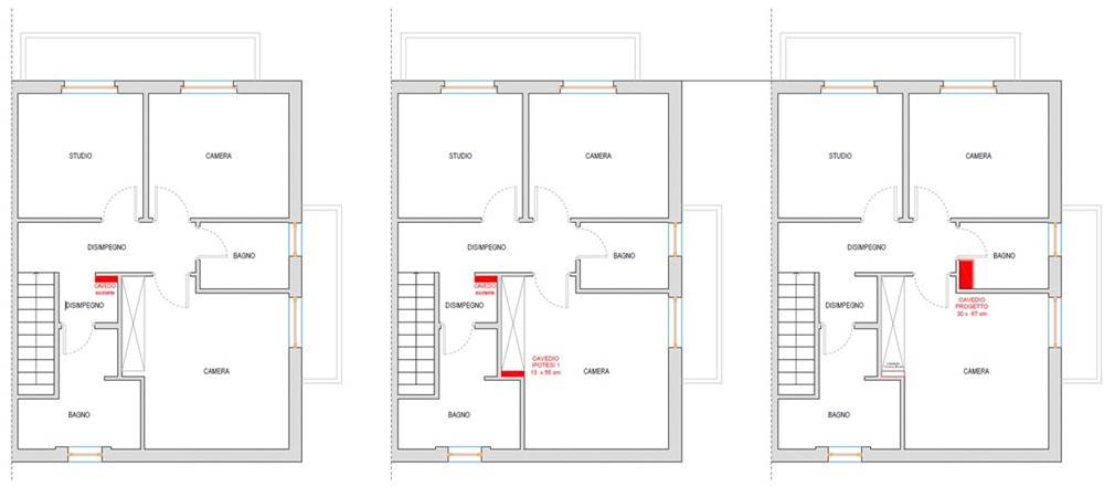 Analisi della collocazione dei cavedi: Esistente – Primo Layout -Layout finale VMC