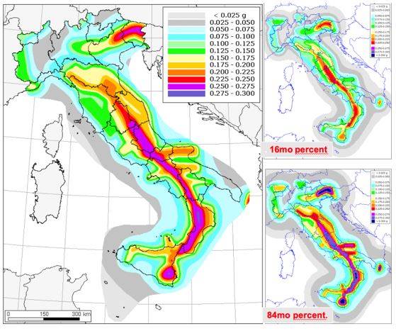 Fig. 1 – Mappa di pericolosità sismica corredata da incertezza. (Valori di accelerazione di picco con 10% di probabilità di superamento in 50 anni su suolo rigido).