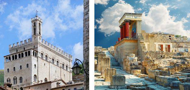 Palazzo dei Consoli nella città di Gubbio e il Palazzo di Cnosso a Creta.