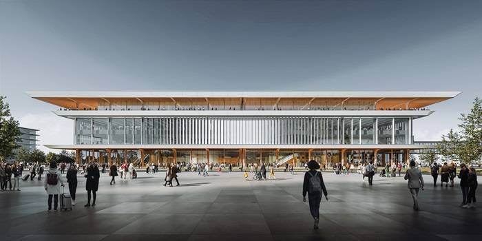 Nuovo Terminal navale Ropax di Riga. piazza principale.Zaha Hadid Architects