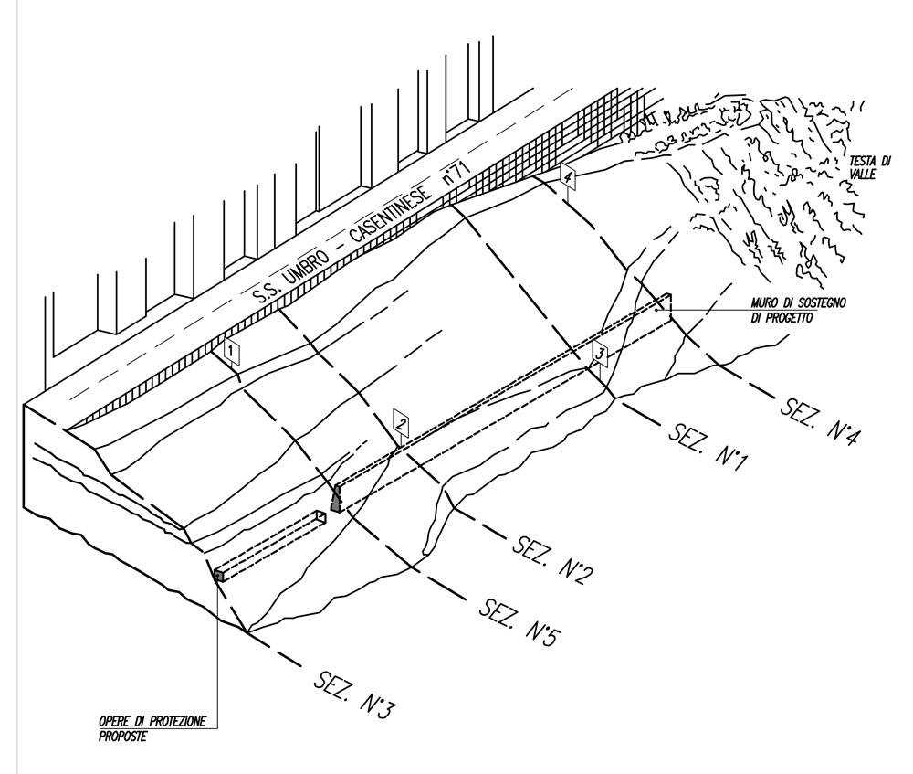 Figura 3 – Assonometria con indicazione delle sezioni e dei sondaggi.