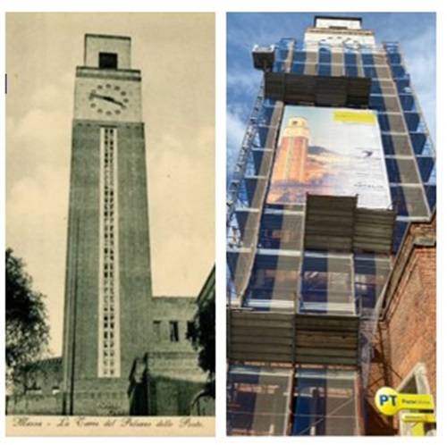 Figure 1(sinistra) e 2 (destra). Vista storica della torre nell’anno di costruzione; Vista del cantiere in allestimento.